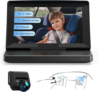 WOLFANG Espejo de Coche para Bebé HD 1080P Espejo Retrovisor para Coche de Bebé, USB-C Plug and Play Fácil Instalación, Monitor para Bebé con Pantalla de 5 Pulgadas y Cámara de Visión Nocturna